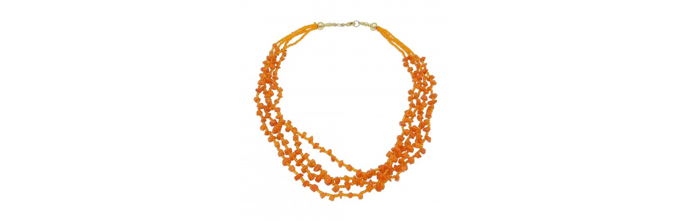 Orange Agate Stone Seed Glass Bead 4 Rows Brass Gold Plated Necklace